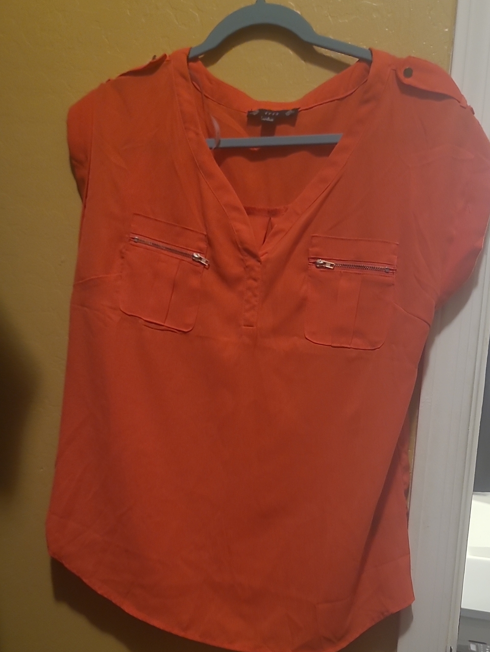 V-Neck Cap Sleeve Top with Zip Pockets